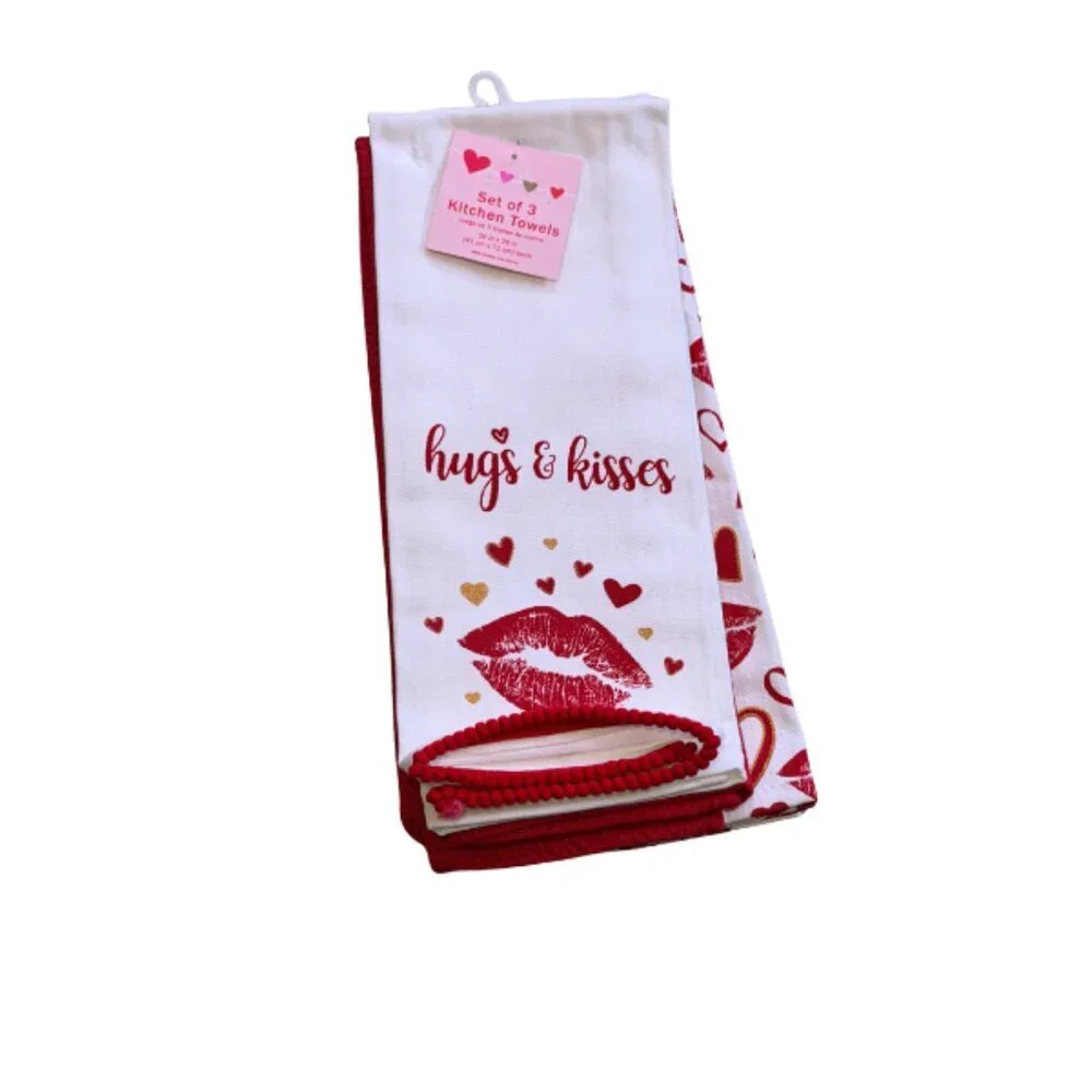 Valentine's Day Kitchen Towels Set of 3, Hugs&Kisses Dishcloths 16x28 Home Decor